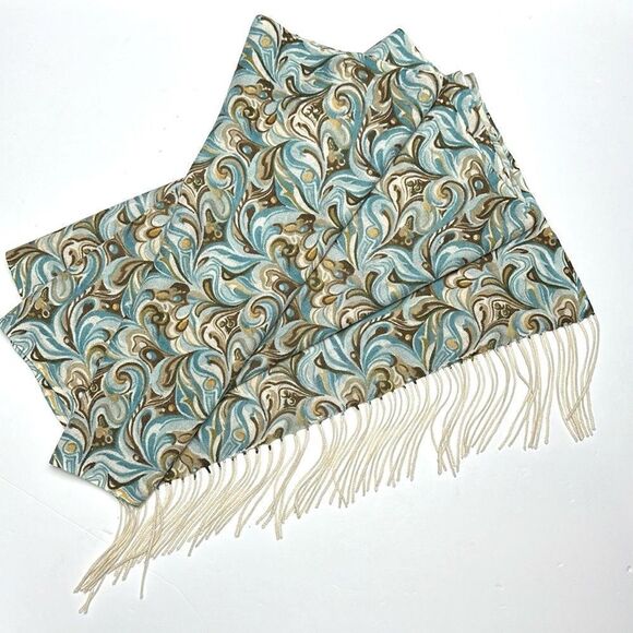 Precious Fibers Cashmere Oblong Scarf With Fringe Turquoise Brown Paisley - Picture 8 of 10